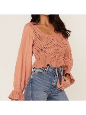 Free People Crochet Neutral Top Boho Coquette Puff Sleeve Feminine Festival